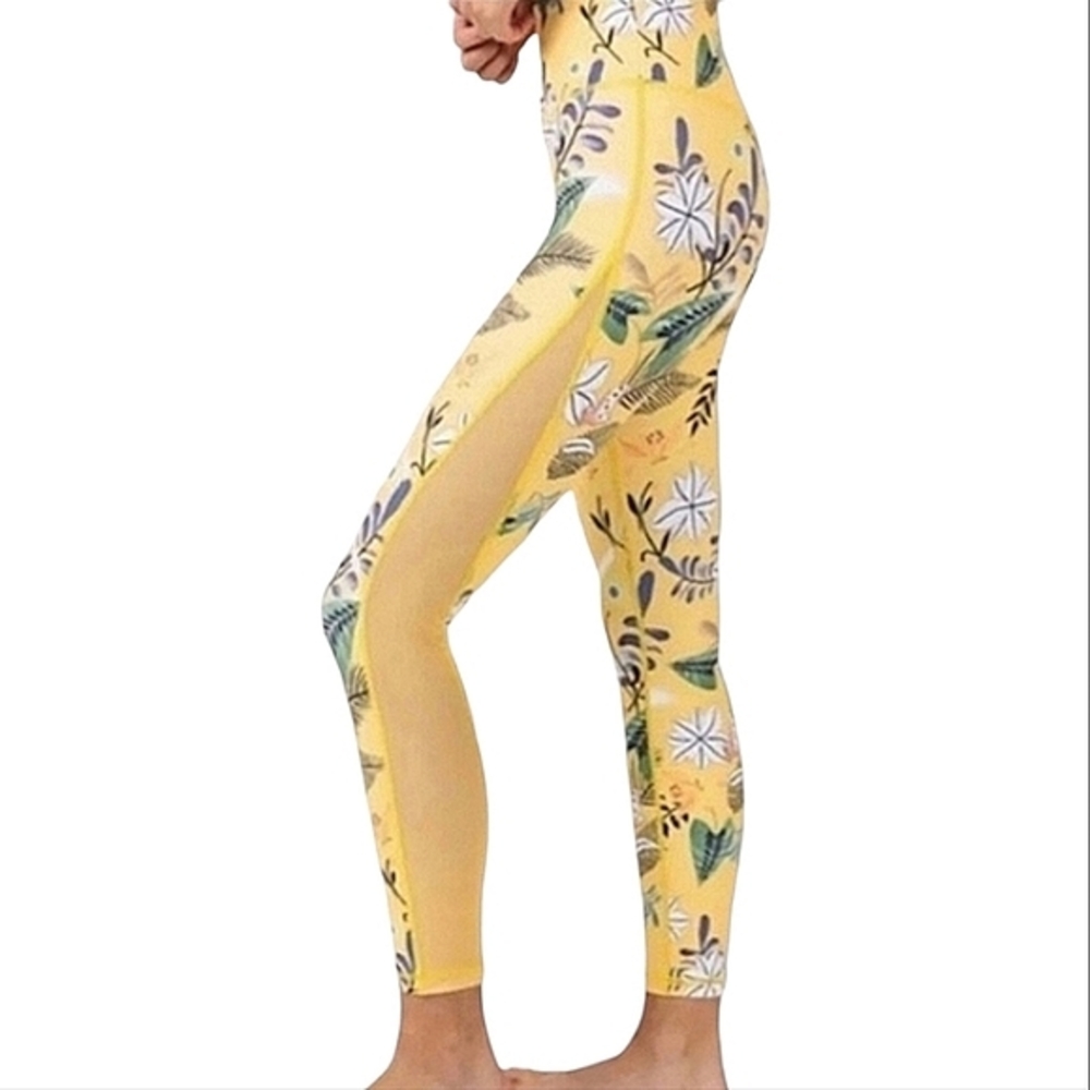 ZYIA Active yellow floral high waist mesh leg full length leggings 14/16